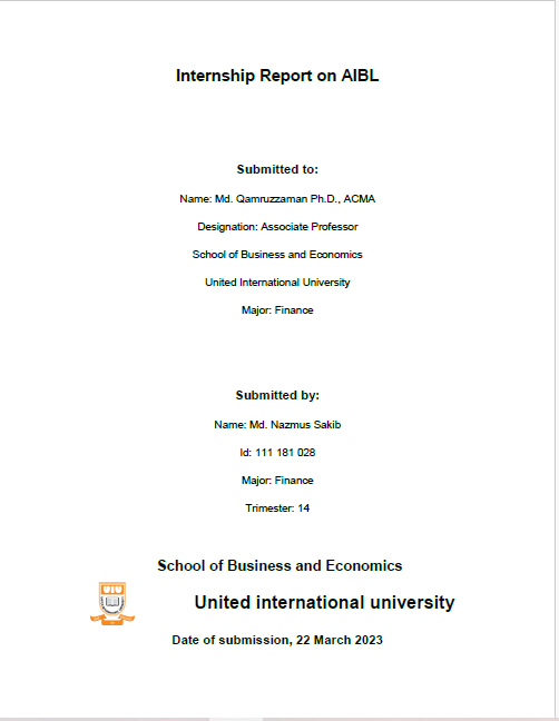Cover Page of Al-Arafah Islamic Bank Internship Report